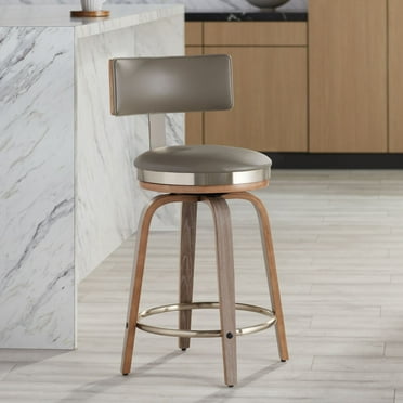 Studio 55D Tilden Wood Swivel Bar Stool Brown 26" High Mid Century Modern Gray Leather Cushion with Backrest Footrest for Kitchen Counter Height Home