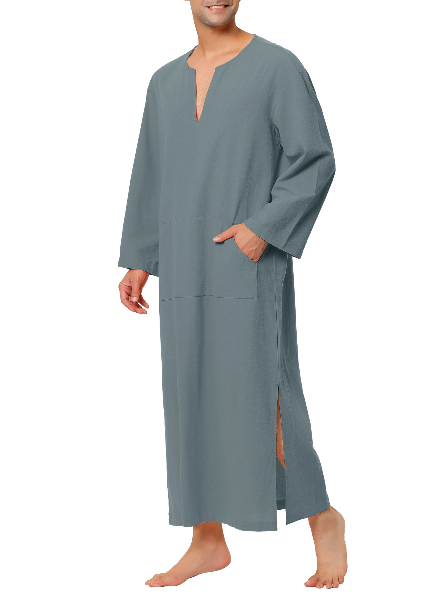 Unique Bargains Men's Pajamas Cotton Sleepwear V-Neck Side Split Long Nightgown M Dark Gray