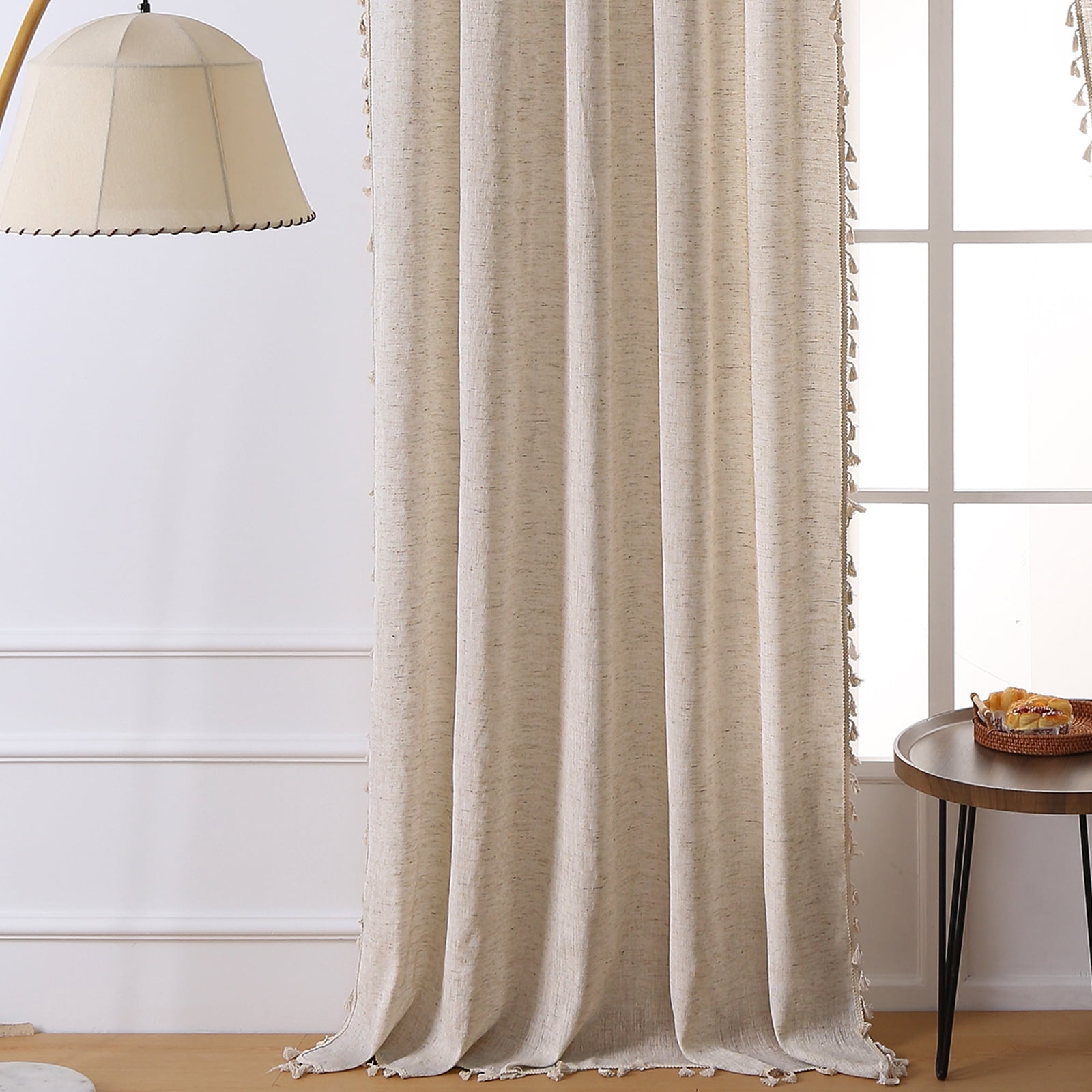 AIGIA Home Boho Curtains Natural Linen Chic Semi Blackout Bohemian Handmade Tassels Rod Pocket for Living Room 1 Panel