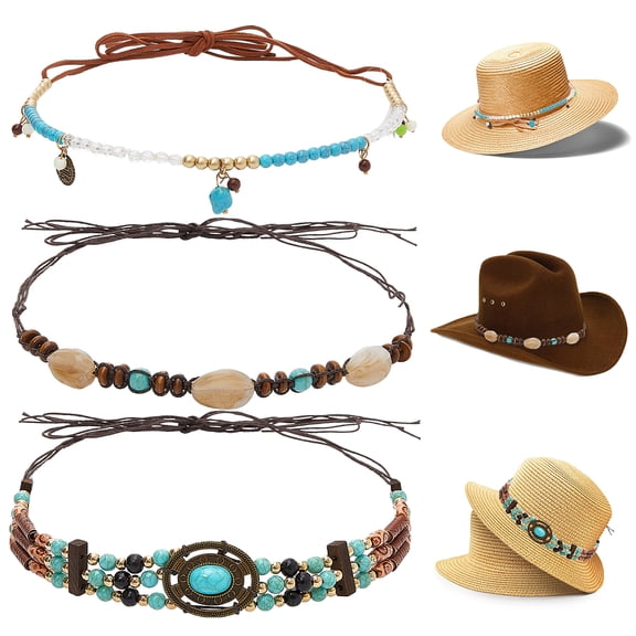 3Styles Cowboy Hat Band Ethnic Style Wax Cord Hat Belts Adjustable Hat Band for Cowboy Cowgirl Hats Accessories