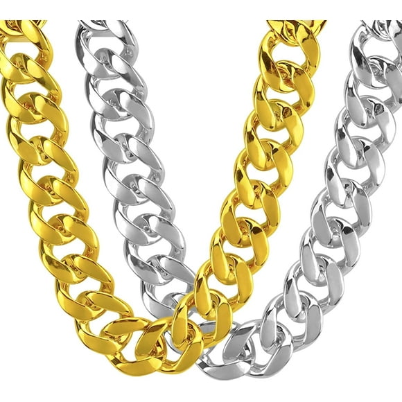 2Pack Big Chunky Plastic Hip Hop Chain for Men, Fake Gold Turnover Chain Silver Chain 90s Necklace Costume Accessory Gold & Silver