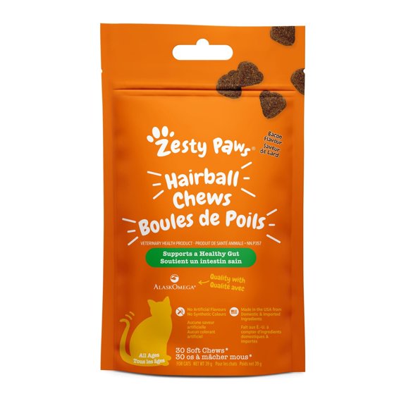 Zesty Paws Boules de Poils Sauveur de Lard Complément Digestif Pour Chats Produits à Mâcher Doux Supplément Chat, 30 Gommes à Mâcher Molles
