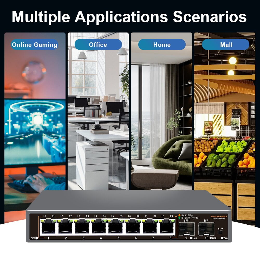 Davuaz 10 Port 2.5G Unmanaged Ethernet Switch with 8 x 2.5G Base-T Ports and 2x 10G SFP Uplink Port, Compatible with 100/1000/2500Mbps, Fanlesss Design, Plug & Play, Metal 2.5Gb Network Switch