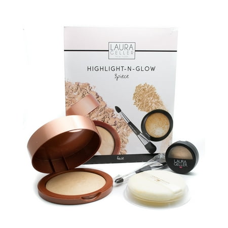 Laura Geller Highlight-N-Glow Face 3 Piece Set; Baked Body Frosting with Puff .85oz, Baked Highlighter .06oz, Double Ended Face and Eye
