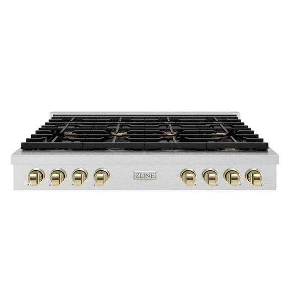 ZLINE 48 in. Autograph Edition Paramount Gas Rangetop with 8 Burners and Porcelain Cooktop in DuraSnow Stainless Steel with Polished Gold Accents (SRTSZ-48-G)