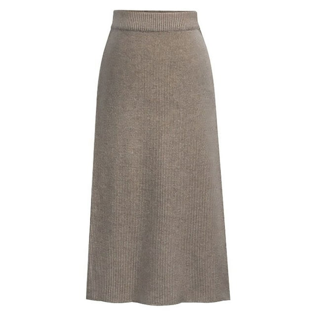 Innerwin Jupe Midi Tricotée Taille Haute pour Femmes, Couleur Unie, Kaki, 5TG