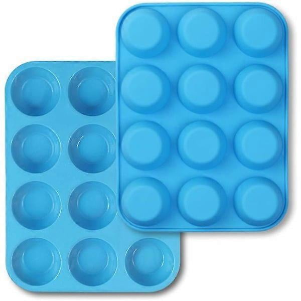 2 pcs 12-cup silicone muffin pan, non-stick molds, baking pan for muffins, cakes, egg bites-blue