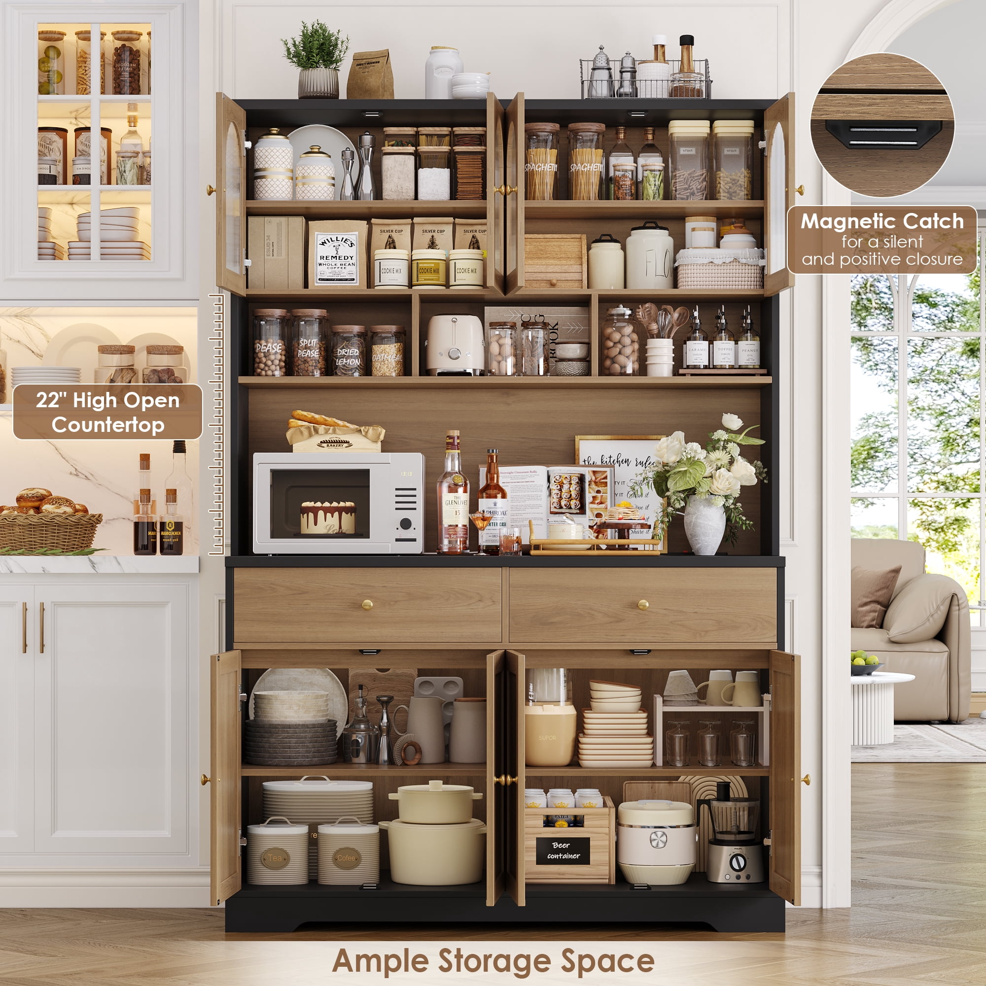 Hiphuta 71" Tall Pantry Cabinet with Arched Glass Doors, 47" Wide Kitchen Storage Cabinet with Microwave Stand & Charging Station, Hutch Cupboard for Kitchen Dining Room, Oak