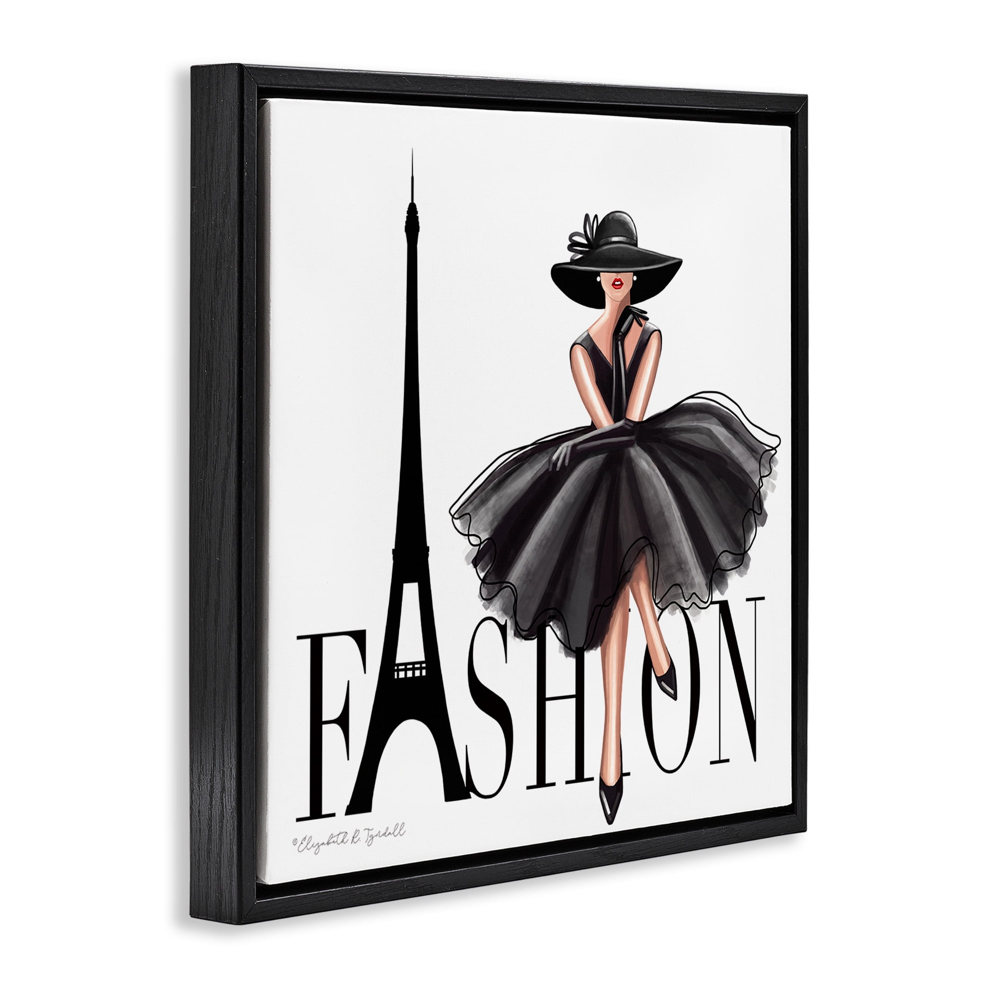 Stupell Industries Parisian Fashion Illustration Beauty & Fashion Painting Black Floater Framed Canvas Art Print Wall Art, 18 x 18