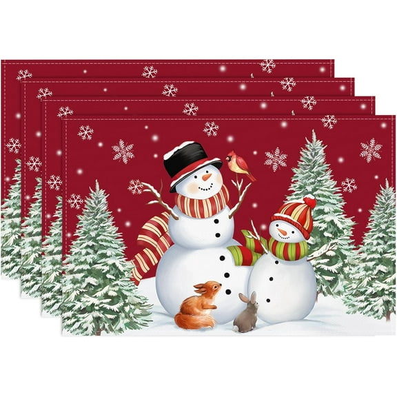 Christmas Red Snowman Placemats Set of 4, 12x18 Inch Winter Snow and Xmas Trees Kitchen Dinning Table Mats Washable Place Mats for Indoor Outdoor Home Party Décor