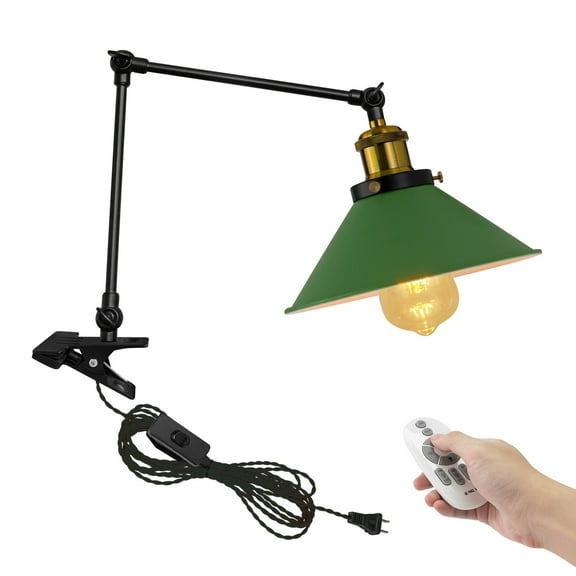 Kiven Plug-in Modern Clip-on Desk Lamp with Remote Control, 1-Light Nightstand Lamp with Flexible Arm, 8.2FT Plug in Cord, Decorative Clamp Lamp for Office Home Bookshelf Bedside Green Finish