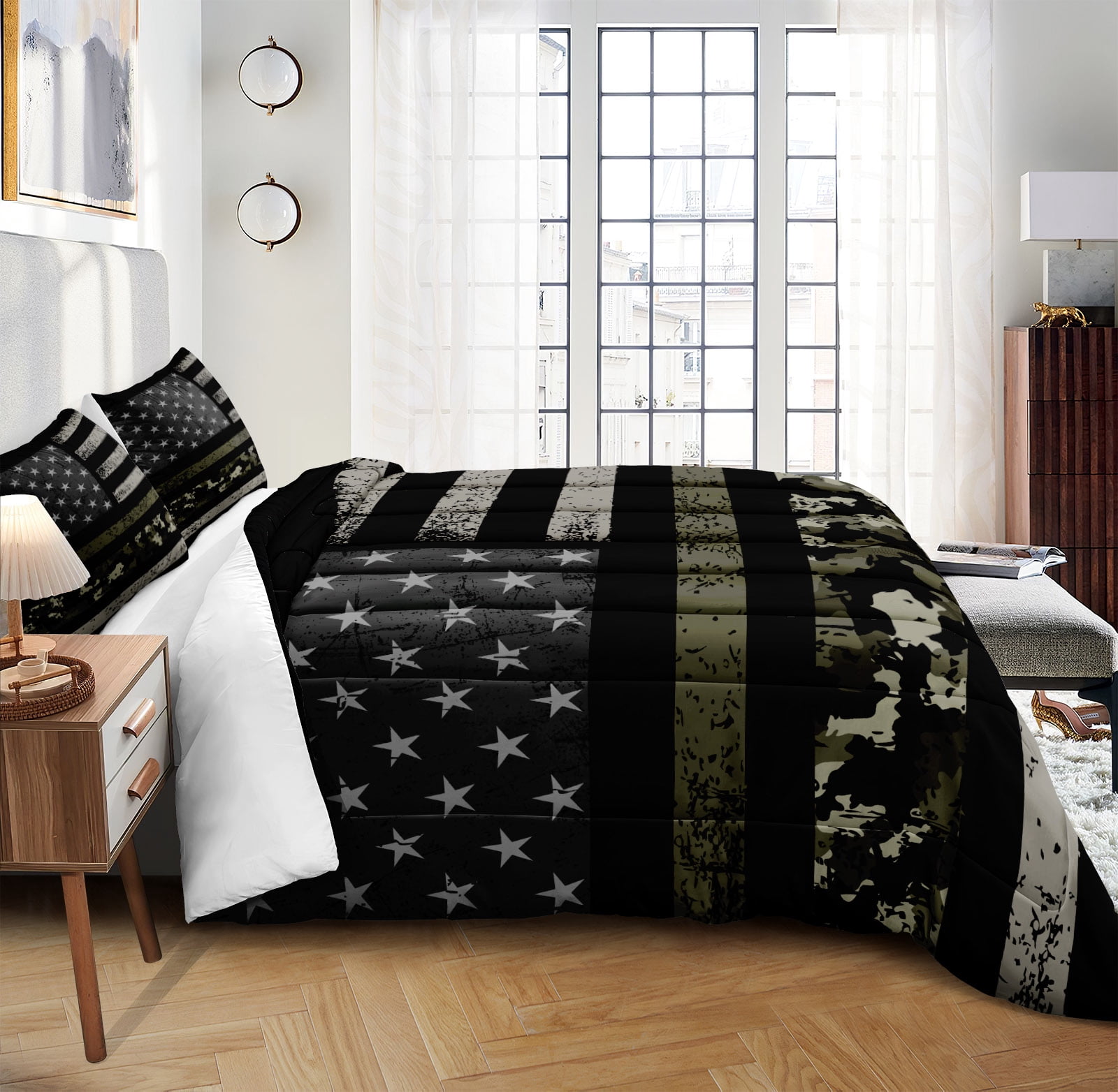 MOVE OVER Camo Bedding American Flag Comforter Set Queen Military Camo Flag Pattern Soft Microfiber Filling Quilt