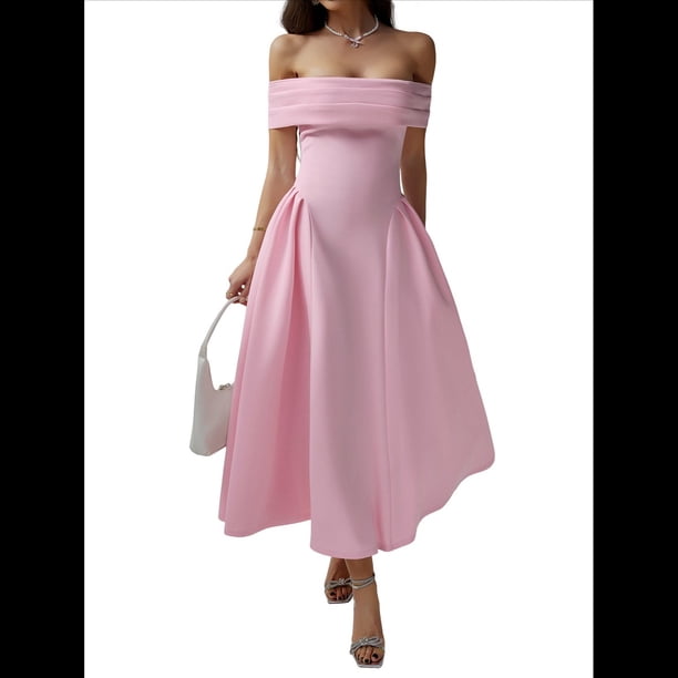 Vestido de Noche de Cóctel con Hombros Descubiertos y Cremallera para Mujer Rosa XL