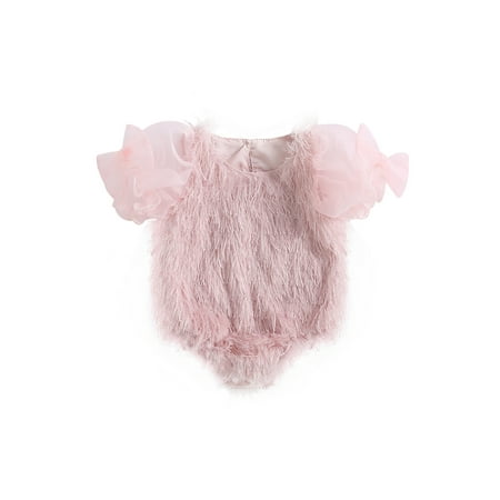 

Qtinghua Infant Baby Girls Romper Feather Tassel Bow Mesh Short Puff Sleeve Bodysuit Jumpsuit Summer Clothes Pink 18-24 Months