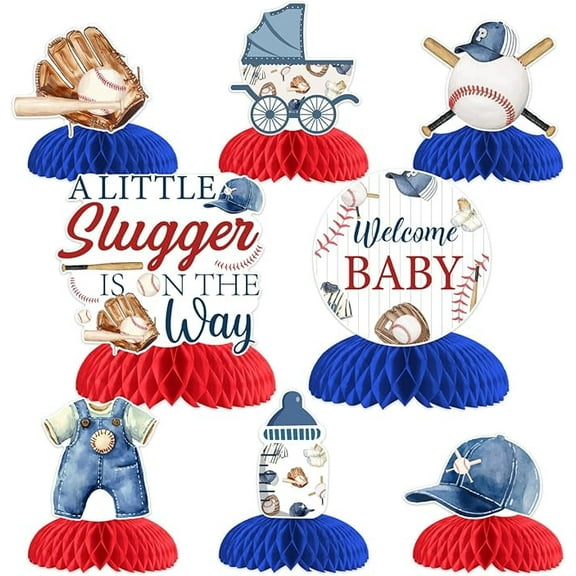 Baseball Baby Shower Decorations 8PCS a Little Slugger is On the Way Honeycomb Centerpieces Decorations Baseball Baby Shower Table Decorations for Sports Theme Baby Shower Party Supplies