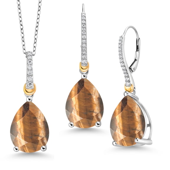 Gem Stone King 925 Silver and 10K Yellow Gold Pendant with Chain Earrings Set Tiger Eye Moissanite (21.26 Cttw)