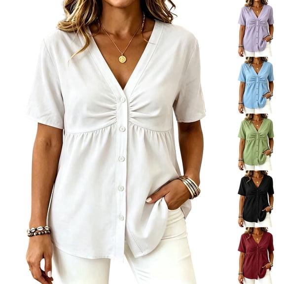 VJGBEGW Women Deep V Neck Short Sleeve Button Down Peplum Tops Front Ruched Flowy Casual Blouses Shirts Black L