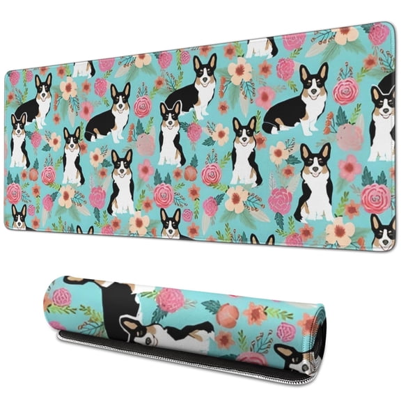 Long Mouse Pads for Desk,Corgi Dog and Flowers Desk Mats on Top Of Desks, Desk Mouse Pad Extra Large with 3mm Non-Slip Base and Stitched Edge for Gaming,Office,Work,Home 31.5"x11.8"