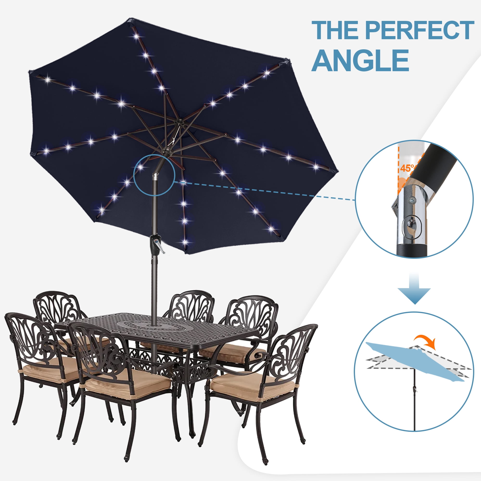 ABCCANOPY 7.5ft Patio Solar Umbrella LED Outdoor Umbrella with Tilt and Crank, Navy Blue
