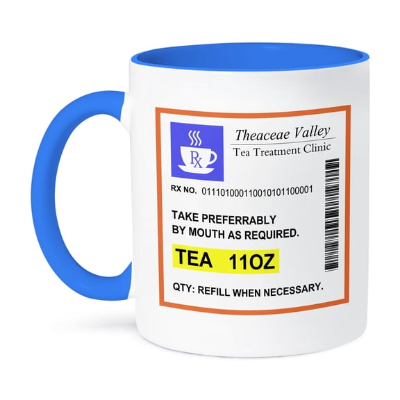 3dRose, Funny Tea Prescription. humorous prescribed cup of tea. joke medicine, 11oz Two-Tone Blue Mug