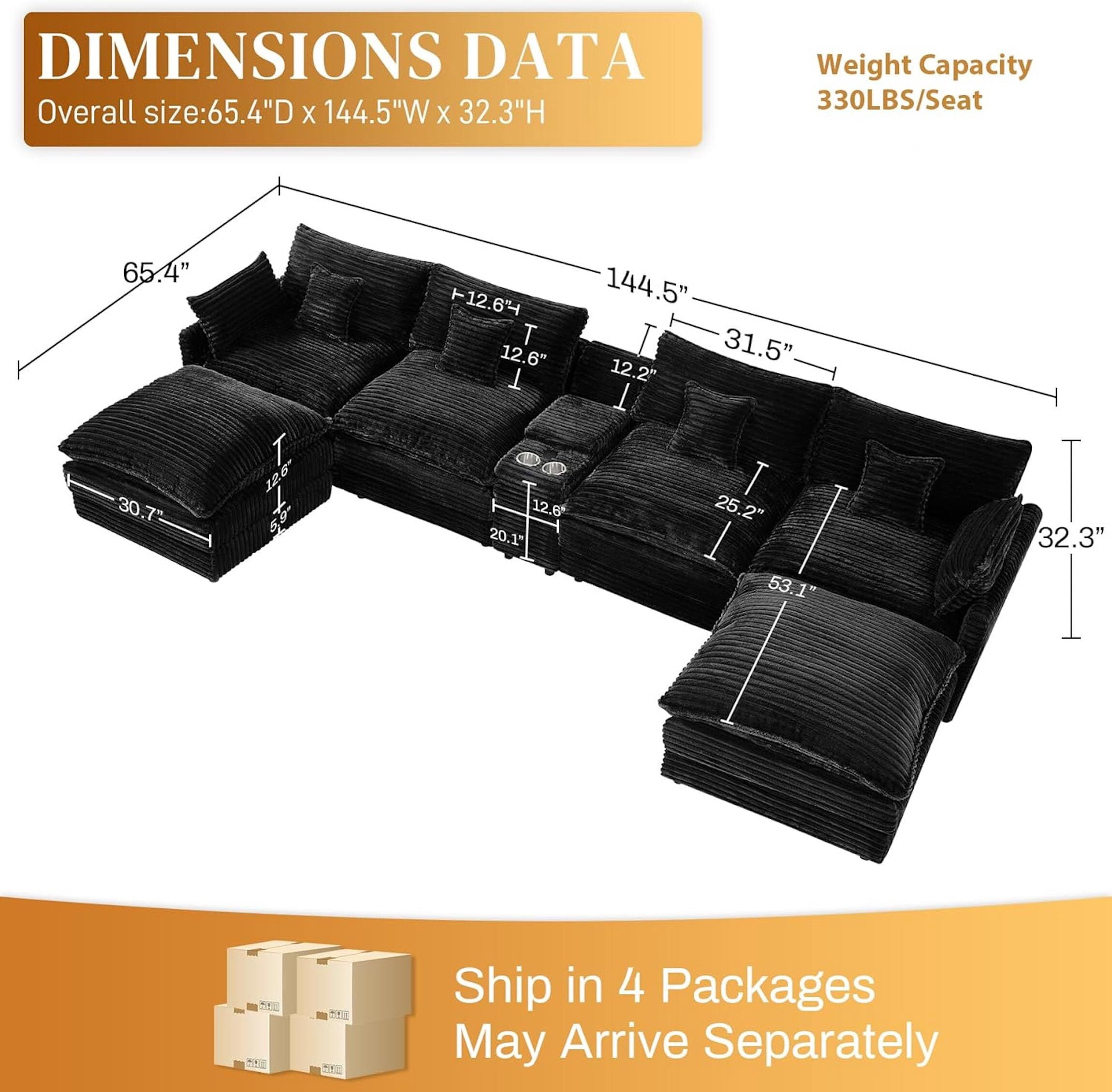 Aisword 145" U Shaped Cloud Couch Sectional with USB Charging, Hidden Storage, Cup Holders & Chenille Double Chaise, Black
