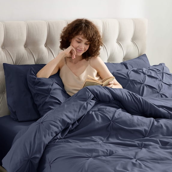Virtu California King Comforter Set with Cooling Pillows and Pillow Shams, Bed In A Bag 9 Pc Pleated Bedding Set, Navy
