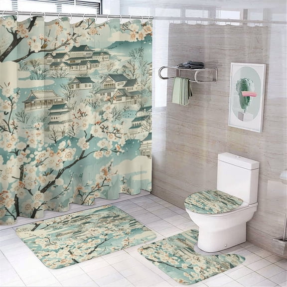 4 Piece Bathroom Shower Curtain Sets with Non-Slip Rugs Toilet Lid Cover And Bath Mat Cherry Blossoms Durable And Waterproof Japanese Style Cherry Blossoms Sakura Flower for Bathroom Decor