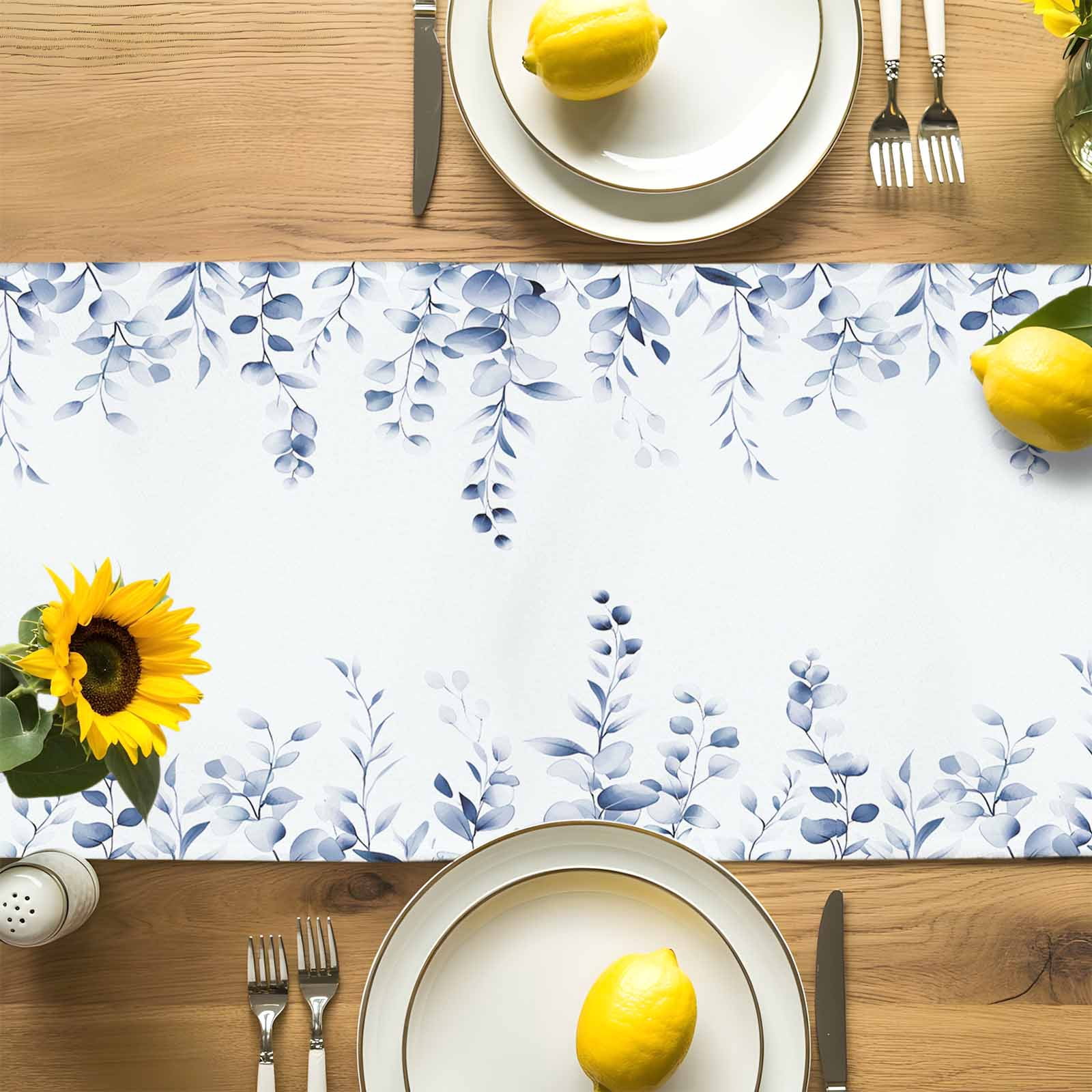 Gradient Farm Eucalyptus Leaves Table Runner 90 Inches Long, Retro Country Botanical Table Runners Tabletop Scarf Kitchen Dining Tables Decoration for Home Party Indoor Outdoor