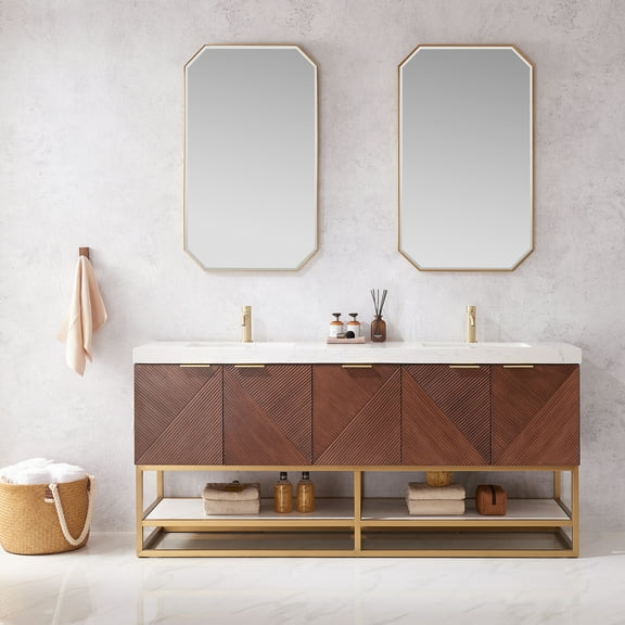 Mahon 72G" Bath Vanity in N. American Deep Walnut with White Grain Stone &Mirror