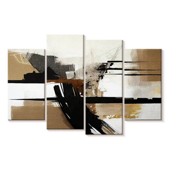 Elephant Stock Beige Chaotic Streaks I Wall Art - Horizontal Multi Panel Canvas - Living Room Wall Decor - Abstract Multi Panel - Black And White Decor - 43" x 27"