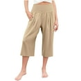 thumbnail image 3 of lcziwo Girls Linen Capri Pants Smocked High Waisted Wide Leg Cropped Trousers Summer Beach Travel Vacation Outfits Khaki 10 Years Dollar Sales, 3 of 8