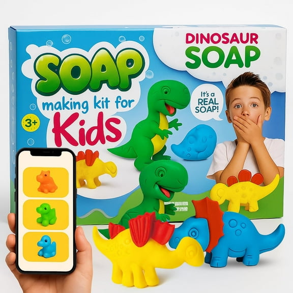 Soap Making Kit for Kids – DIY Soap Making Kit with Dinosaur Soap Moulds (3 Cute Dinosaurs) | Soap Making Supplies for Creative Play & Hygiene - DIY Kits for Kids with Mobile App