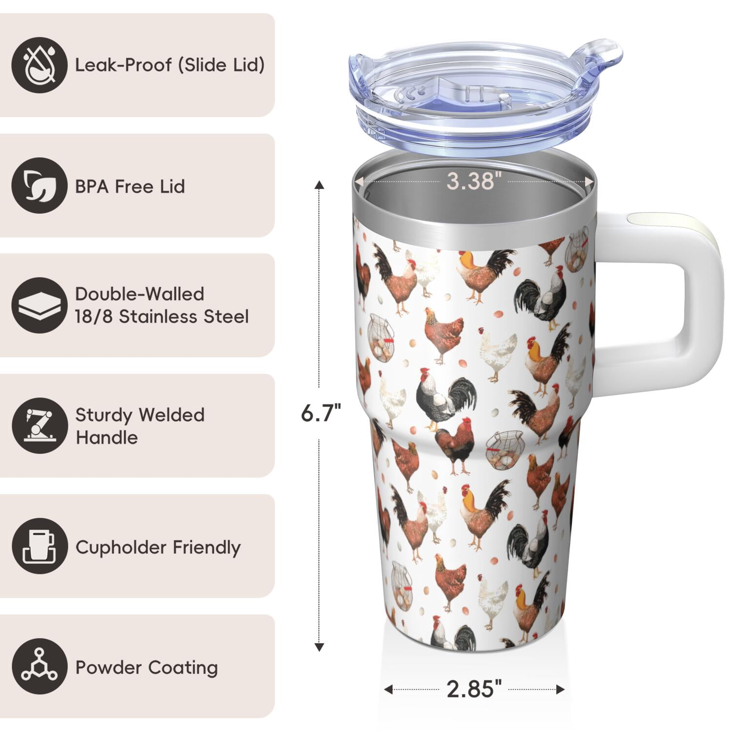 20oz Farm Chicken Tumbler with Handle Insulated Travel Mug Adorable Birthday Christmas Gift for Chicken Enthusiasts Women Men Fits Car Cup Holders Comfortable Grip Splash Resistant Lid Daily Commutes