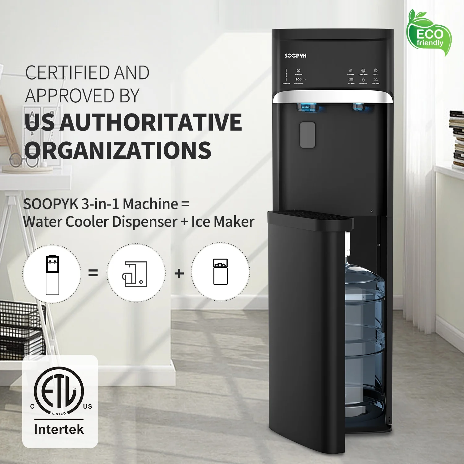 SOOPYK Bottom Load Water Dispenser with Built-In Ice Maker,3-Temp (Cold/Hot/Room), 22lbs/Day, Self-Clean, Child Lock | Fits 5 Gallon Bottles, Black
