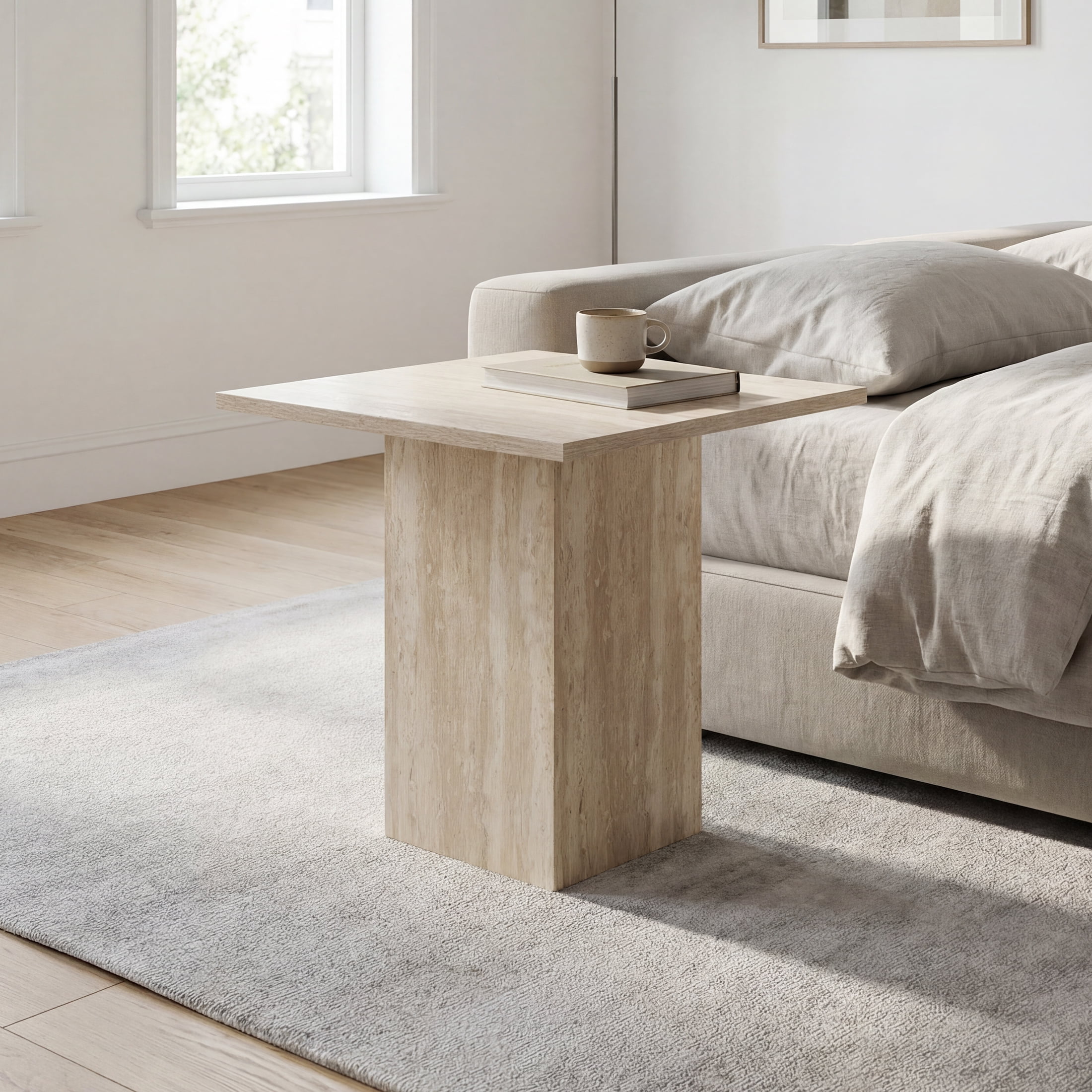 Guyou Coffee Table and End Table Set of 2 Modern Square Nesting Coffee Table Faux Marble Side Table Wooden Beige Travertine Finish for Living Room, Reception Room, Home Office
