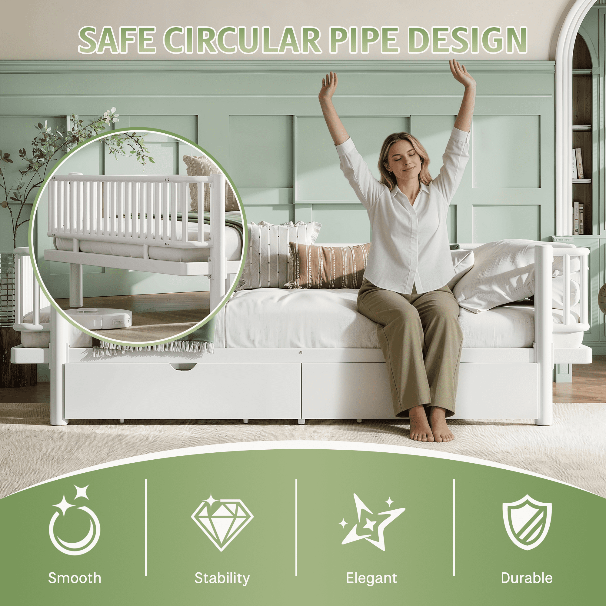 Leumius Queen Size Platform Bed Frame with Storage Drawers, Metal Daybed Frame with Upgraded Safety Round-Pipe Design, Low Profile Design for Teens Adults White