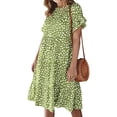 thumbnail image 1 of Femmes Polka Dot Taille Haute Boutons de Fermeture Col Rond Volants Manches Courtes Midi Robe, 1 of 7