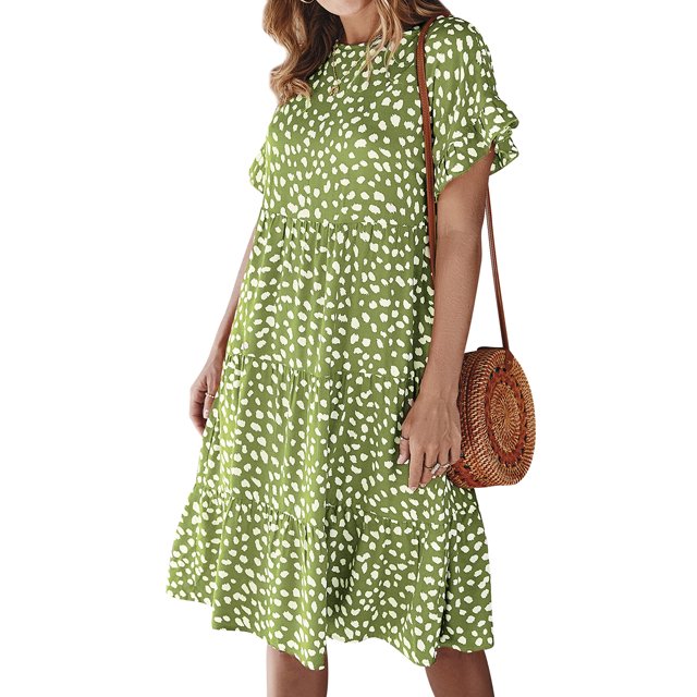 Femmes Polka Dot Taille Haute Boutons de Fermeture Col Rond Volants Manches Courtes Midi Robe