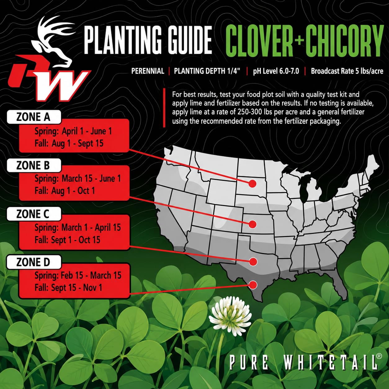 Pure Whitetail Clover and Chicory Perennial Deer Food Plot Seed, 5 lb Bag Plants 1 Acre