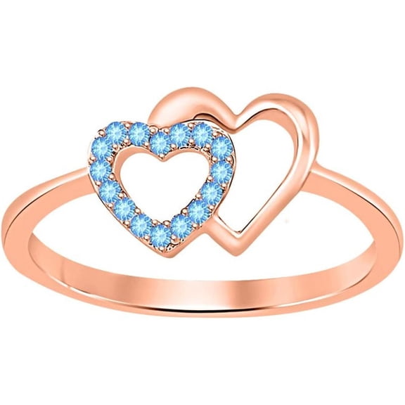 925 Sterling Silver 14K Rose Gold Plating Round Cut Gemstone Blue Topaz Double Heart Shape Valentine's Day Special Engagement Ring For Women