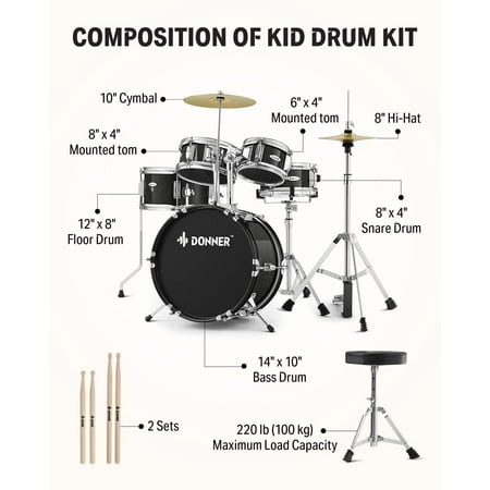 Donner Kids Junior Drum Set for Beginner, 14" 5-Piece Percussion Instrument Practice Learning, Black
