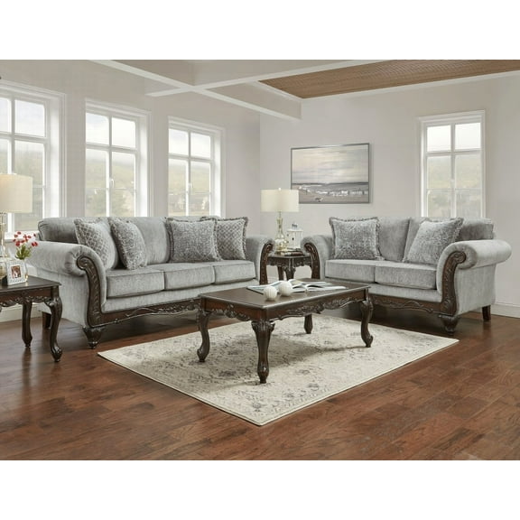 Modern Gray Fabric Sofa and Loveseat Set with Carved Wood Frame (220×80×75cm)
