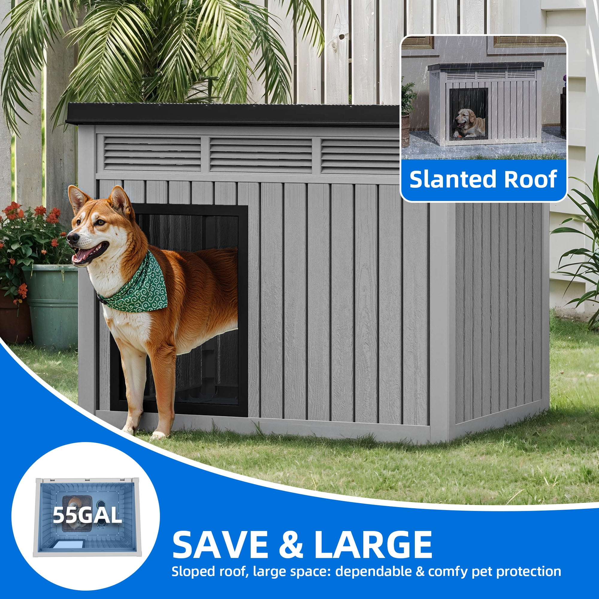 Dextrus Plastic Dog House with Lift-Up Sloping Roof,Indoor & Outdoor Dog Kennel,Waterproof & Ventilated,Gray,31.9"D x 24.8"W x 24.1"H
