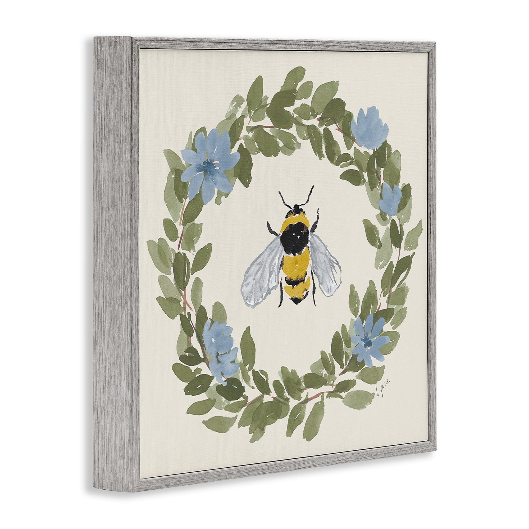 Stupell Industries Floral Wreath Bee Celebration Gray Framed Giclee Art, design by Lucille Price