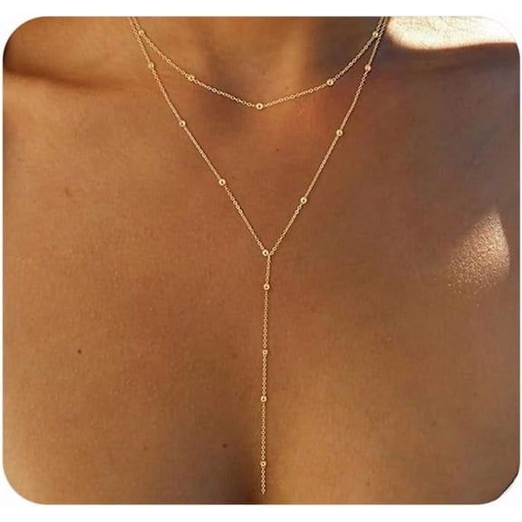 Gold Long Necklaces for Women,Dainty Silver Beaded Layered Necklaces,Trendy Lariat Y Necklace, Minimalist Pendant Drop Necklace Charm Everyday Jewelry