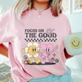 thumbnail image 3 of Focus On The Good T-Shirt – Positive Vibes Cartoon Flower & Heart Characters Graphic Tee, Uplifting Retro-Inspired Shirt for Women, Teens, Friends, Mental Health Awareness Gift, 3 of 7