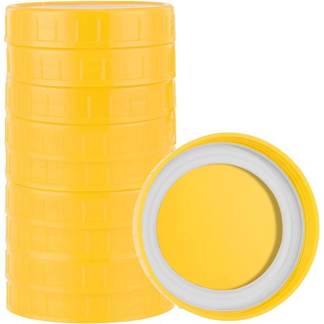 Couvercles en Plastique pour Bocaux Mason, 8 Pcs Couvercles de Bocaux à Ouverture Régulière avec Anneau en Silicone Étanche, Couvercles en Plastique Réutilisables pour Bocaux Mason 70mm (Jaune)