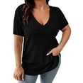 thumbnail image 2 of Naotn Summer Ribbed Tops for Women Fashion Casual V Neck Short Sleeve Shirts Trendy Holiday Tunic Blouses, 2 of 7