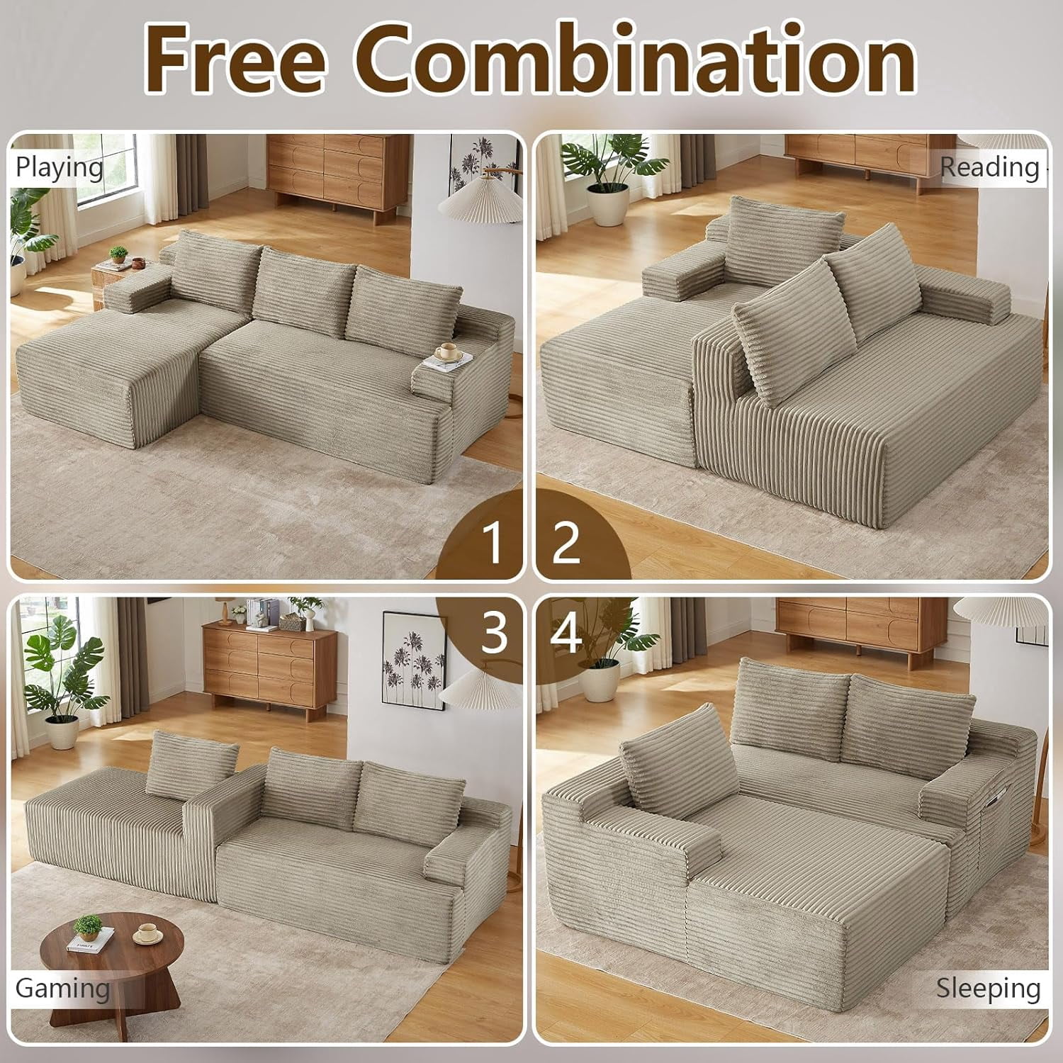 96" Boneless Cloud Couch with Chaise, Modular Sectional Sofa for Living Room, No Assembly Required, Deep Seat Corduroy Couch, Camel