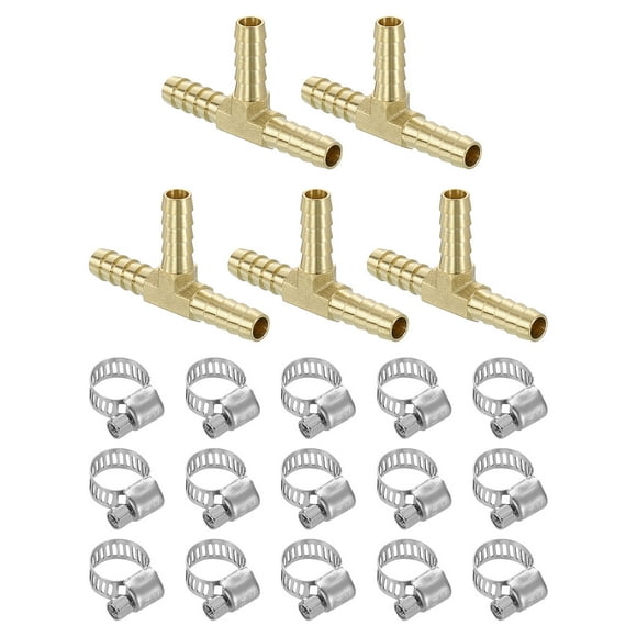 Uxcell 5pack de accesorios de Tee de latón, Tee de 3 vías 5/16" x 5/16" x 5/16" con barbas, con 15 abrazaderas para manguera